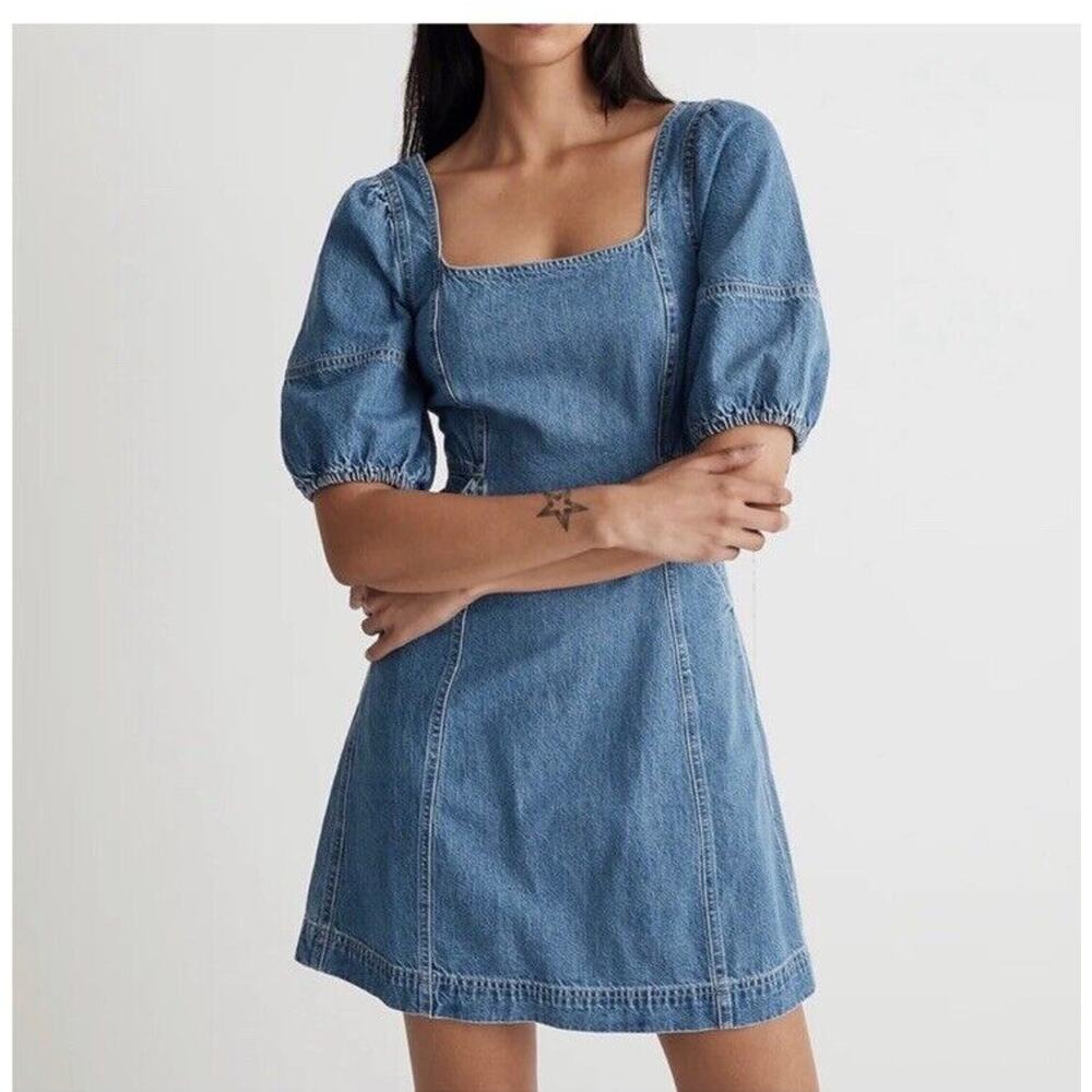 Madewell Light Blue Denim Mini Dress with Puff Sleeves